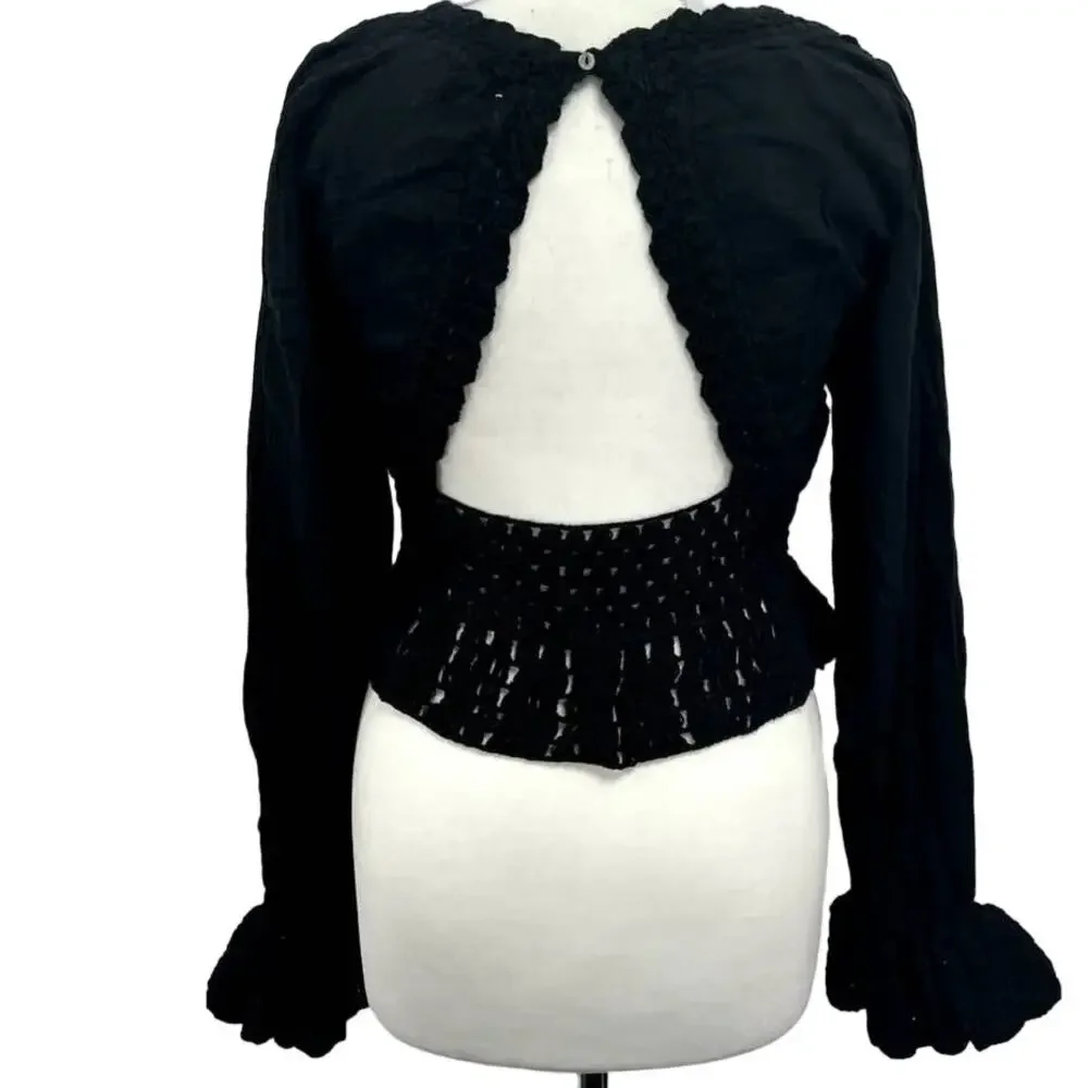 New Free People Megan Crochet Long Sleeve Crop Top $128 X-SMALL Black